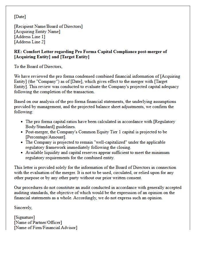 Comfort Letter for Pro Forma Capital Compliance Post-Merger