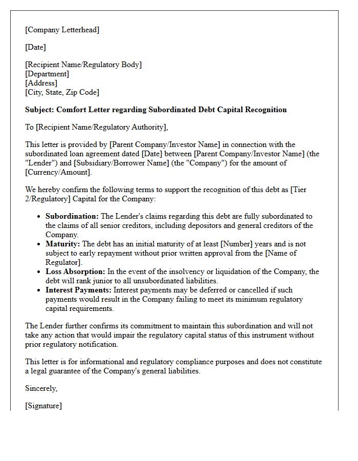 Comfort Letter for Subordinated Debt Capital Recognition