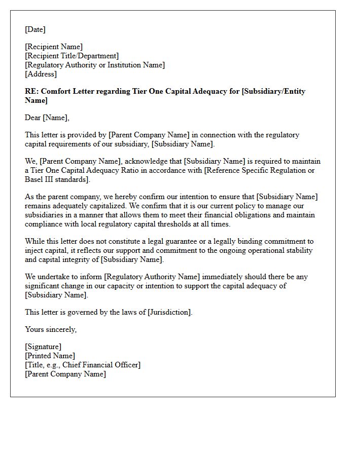 Comfort Letter for Tier One Capital Adequacy