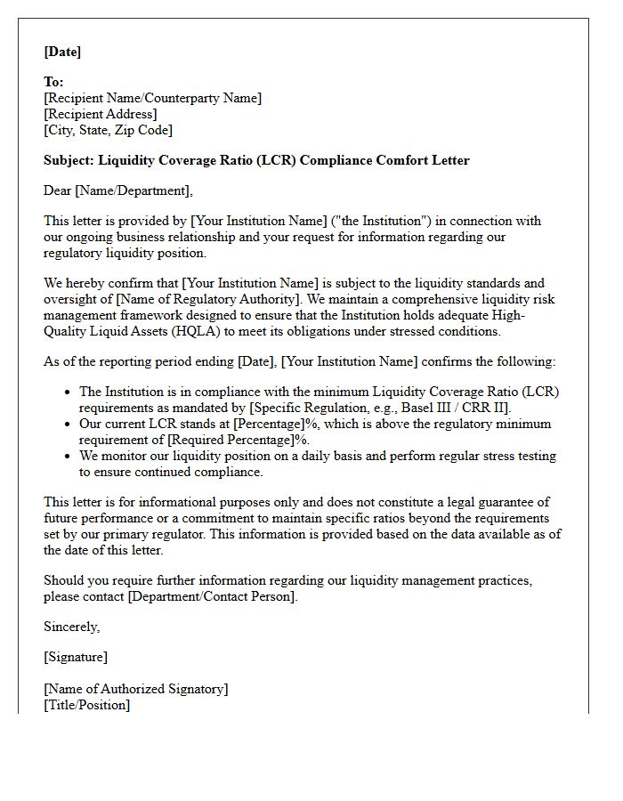 Liquidity Coverage Ratio Compliance Comfort Letter