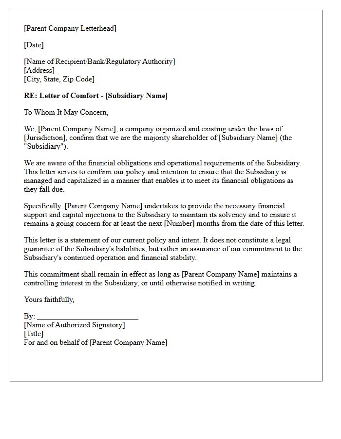 Parent Company Comfort Letter for Subsidiary Capitalization