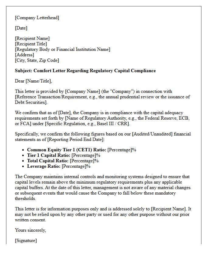 Regulatory Capital Compliance Comfort Letter