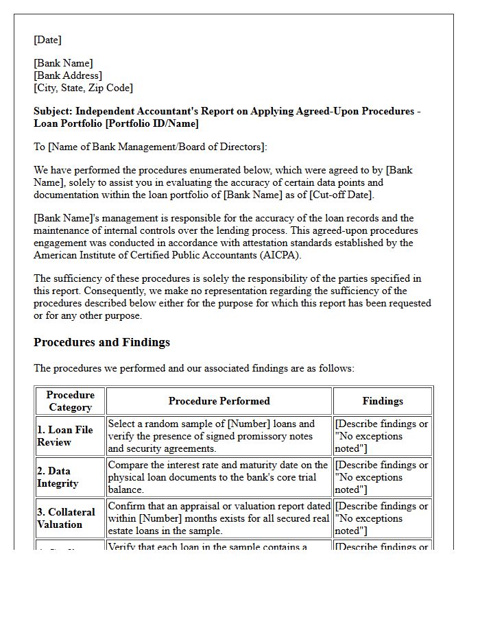 Agreed-Upon Procedures Letter for Bank Loan Portfolios