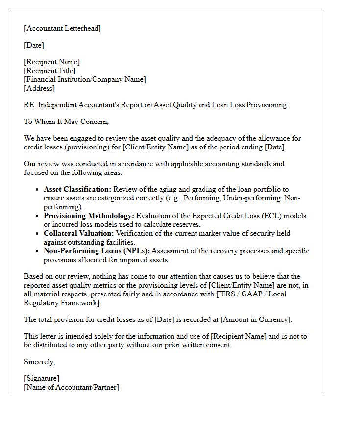 Asset Quality and Provisioning Accountant Letter