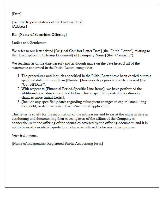 Bring-Down Comfort Letter for Banking Securities Offerings