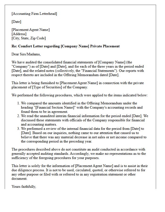 Draft Accountant Comfort Letter for Placement Agents