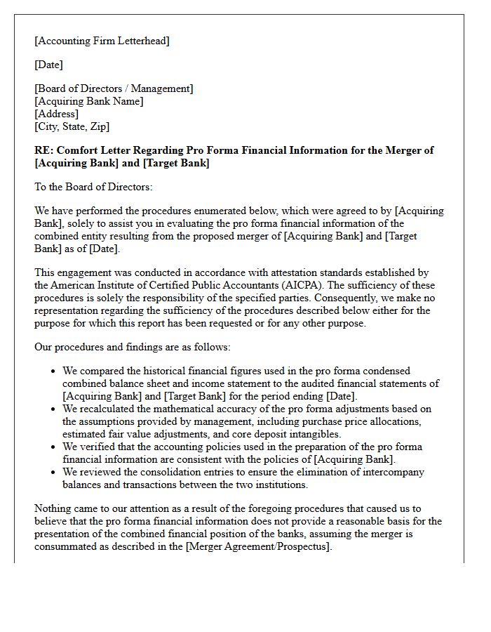 Pro Forma Financials Comfort Letter for Bank Mergers