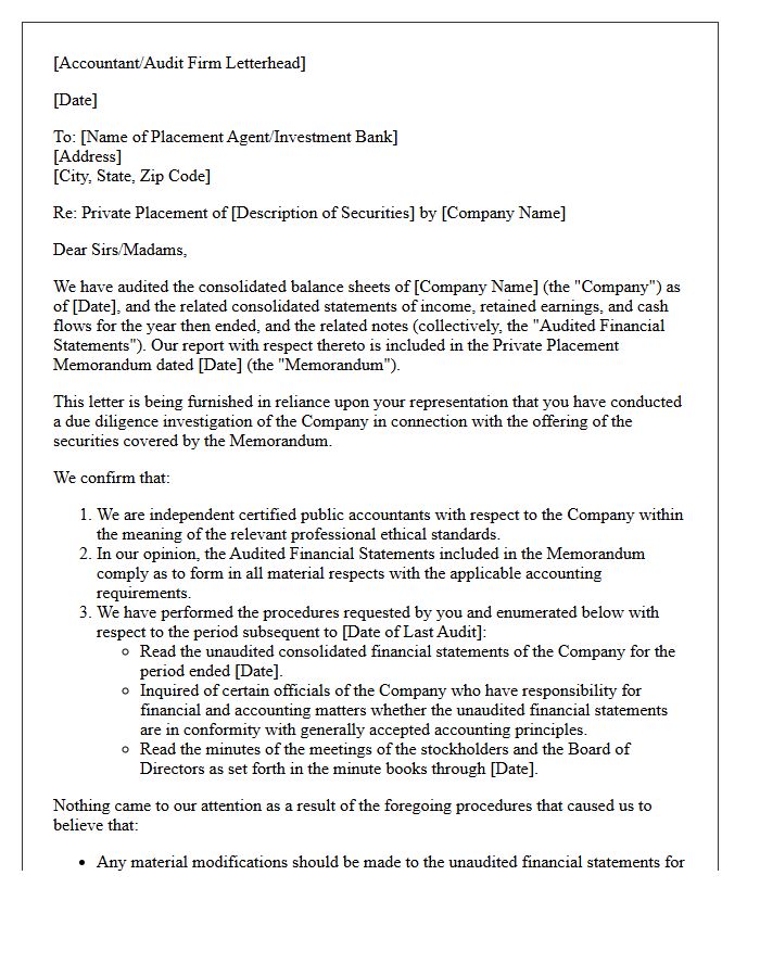 Standard Accountant Comfort Letter for Bank Private Placements