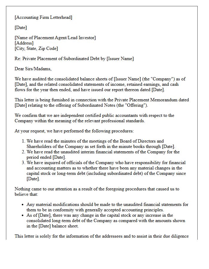 Subordinated Debt Private Placement Accountant Comfort Letter