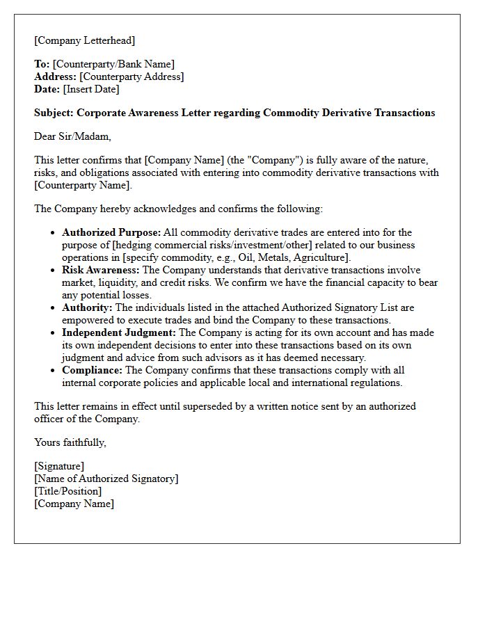 Corporate Awareness Letter for Commodity Derivative Trades
