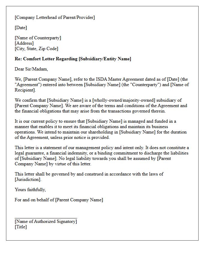 Credit Enhancement Comfort Letter for ISDA Master Agreements