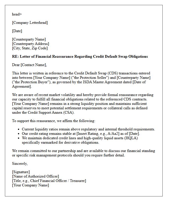 Financial Reassurance Letter for Credit Default Swap Obligations
