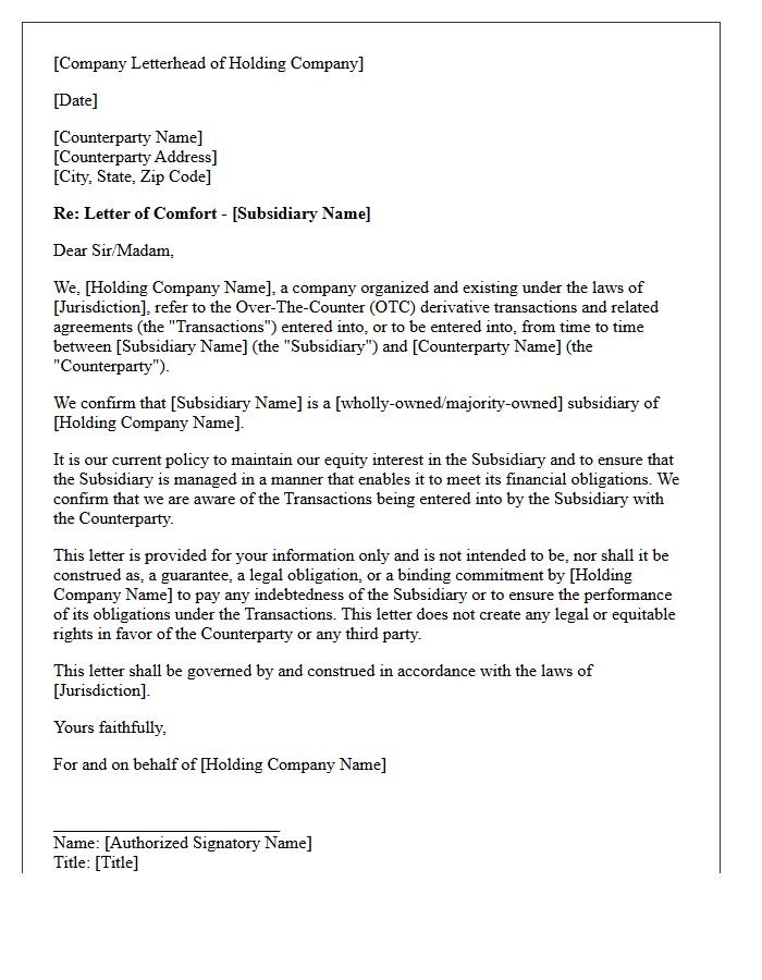 Holding Company Comfort Letter for Over-The-Counter Derivatives
