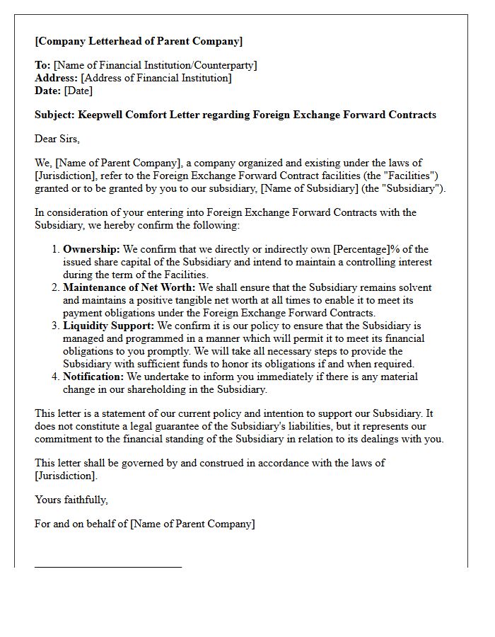 Keepwell Comfort Letter for Foreign Exchange Forward Contracts