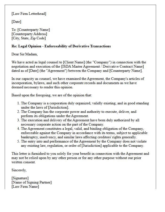 Legal Counsel Comfort Letter for Derivative Contract Enforceability