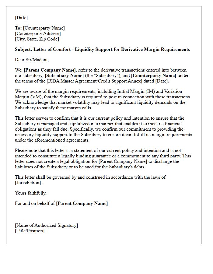 Liquidity Support Comfort Letter for Derivative Margin Requirements