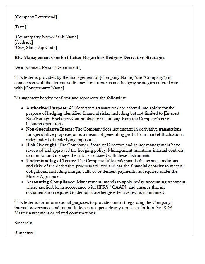 Management Comfort Letter for Hedging Derivative Strategies