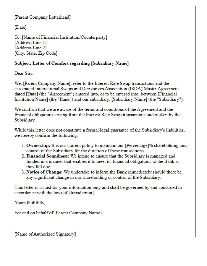 Parental Support Comfort Letter for Interest Rate Swap Transactions