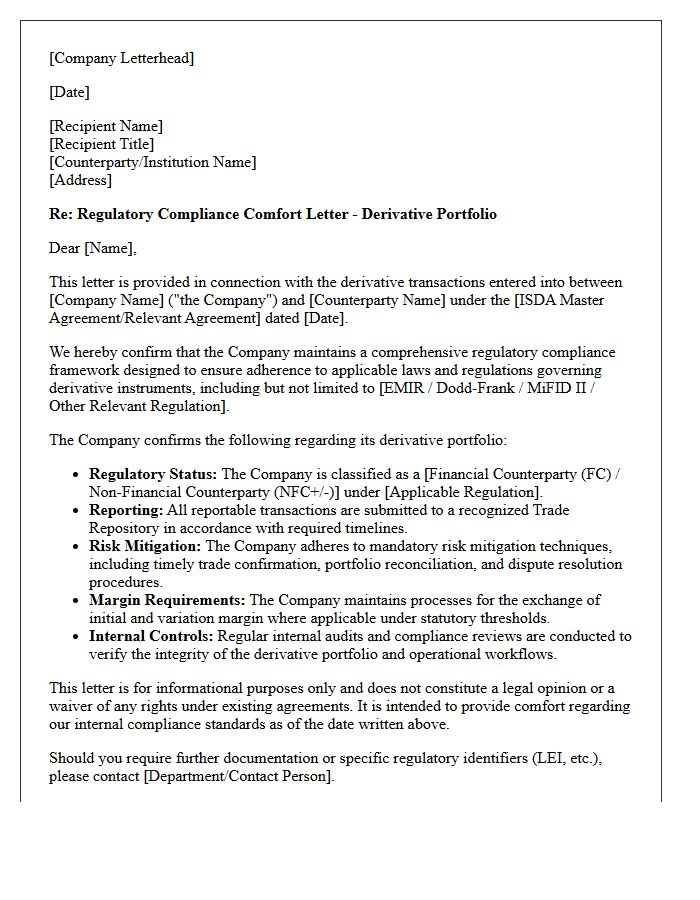 Regulatory Compliance Comfort Letter for Derivative Portfolios