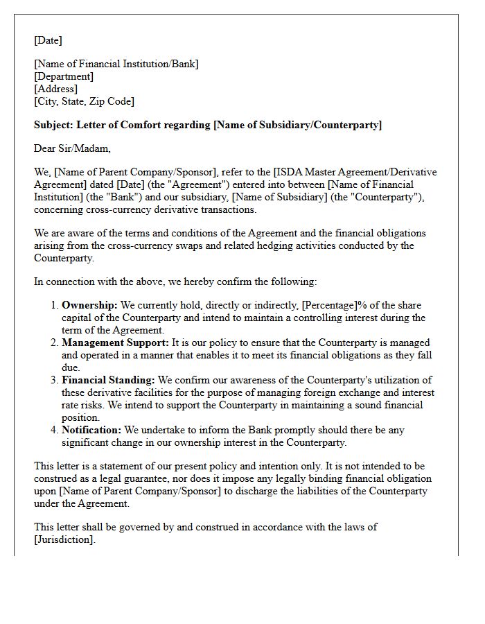 Sponsor Comfort Letter for Cross-Currency Derivative Agreements
