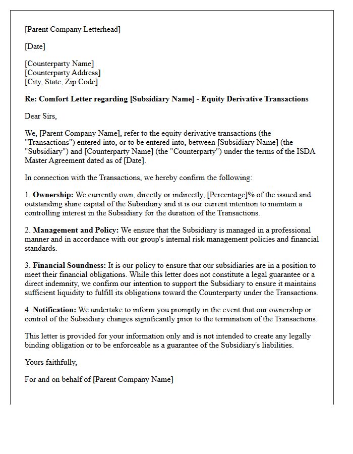 Subsidiary Support Comfort Letter for Equity Derivative Transactions