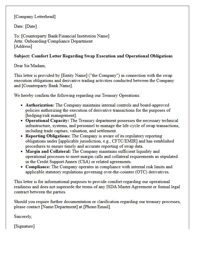 Treasury Operations Comfort Letter for Swap Execution Obligations