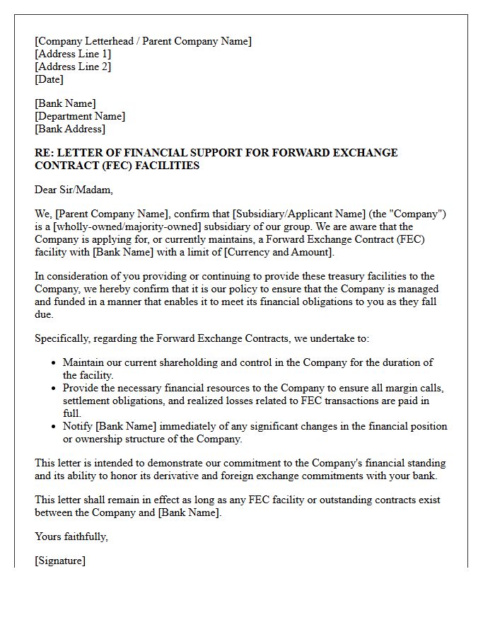 Financial Support Letter for Forward Exchange Contract Facilities