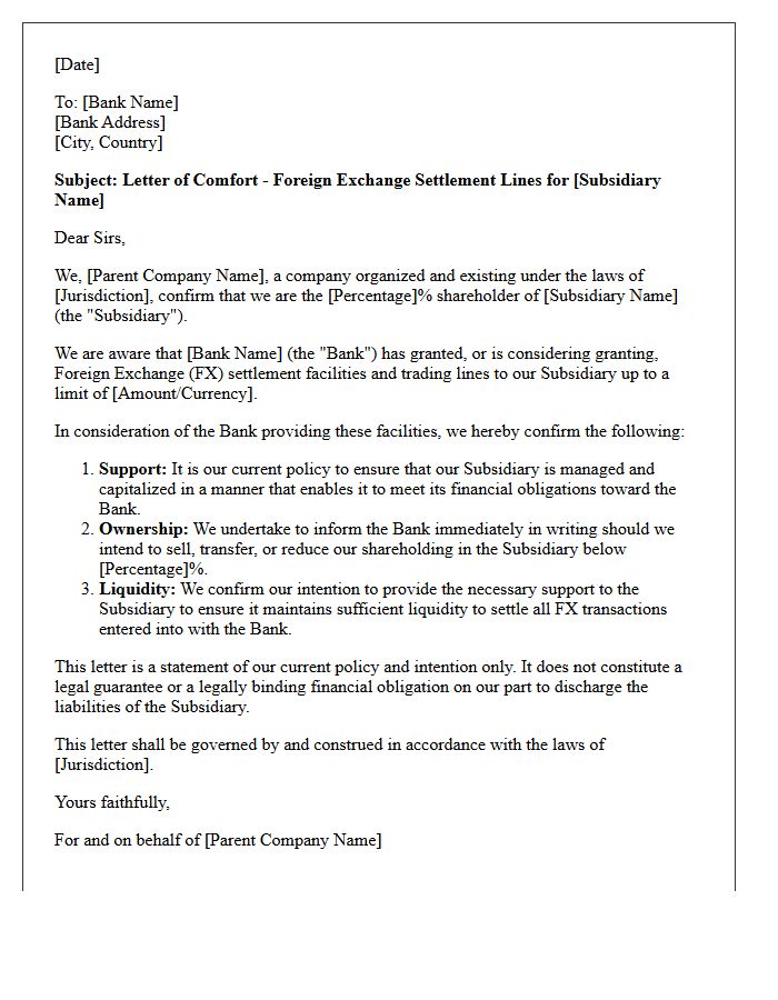 Intercompany Comfort Letter for Foreign Exchange Settlement Lines