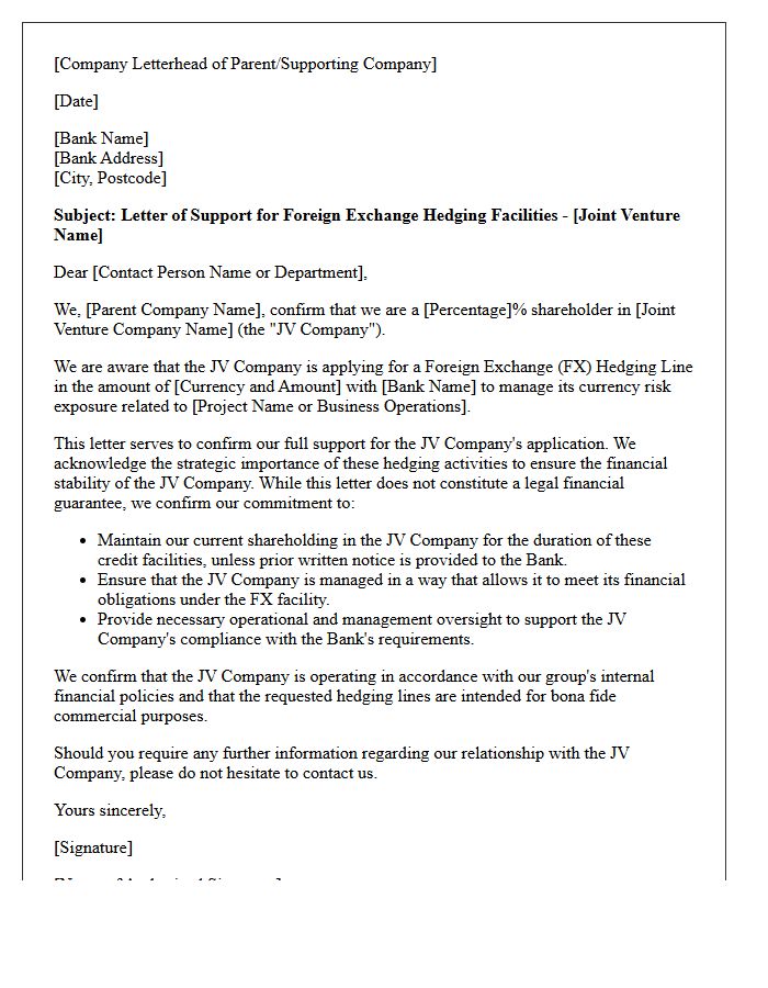 Joint Venture Support Letter for Foreign Exchange Hedging Lines