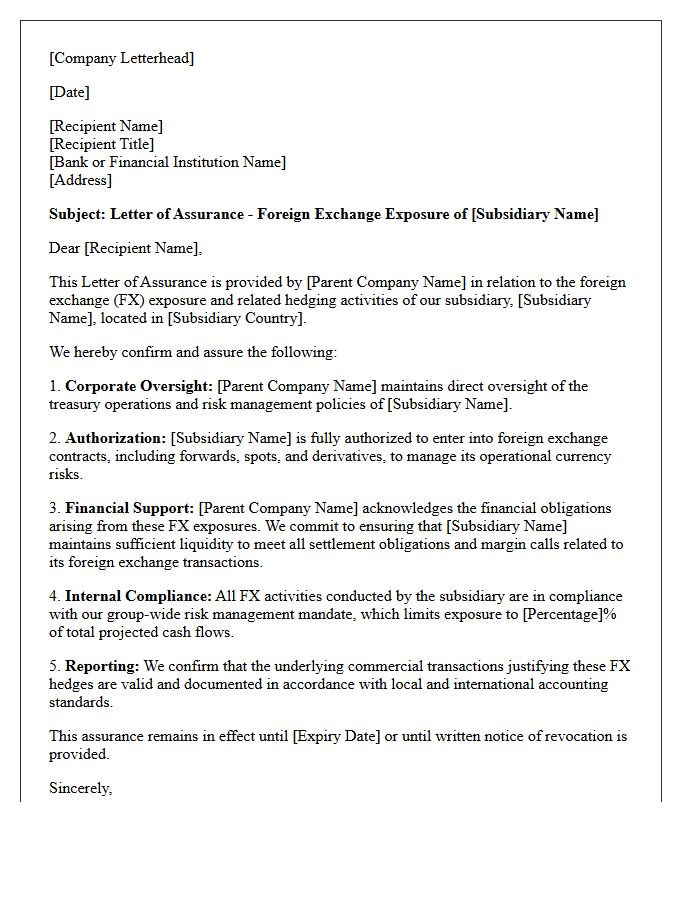 Letter of Assurance for Subsidiary Foreign Exchange Exposure