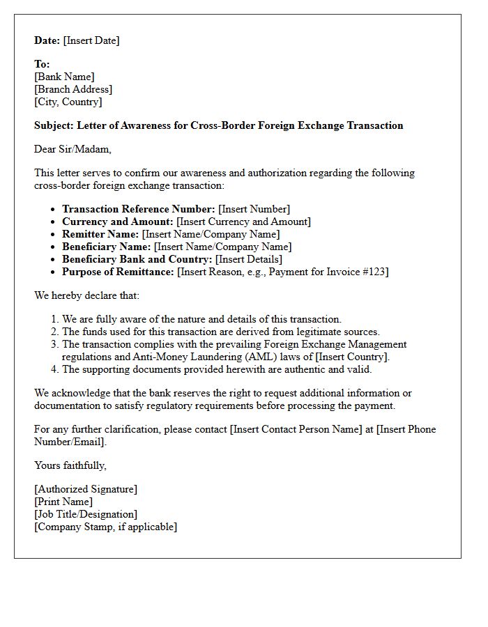 Letter of Awareness for Cross Border Foreign Exchange Transactions