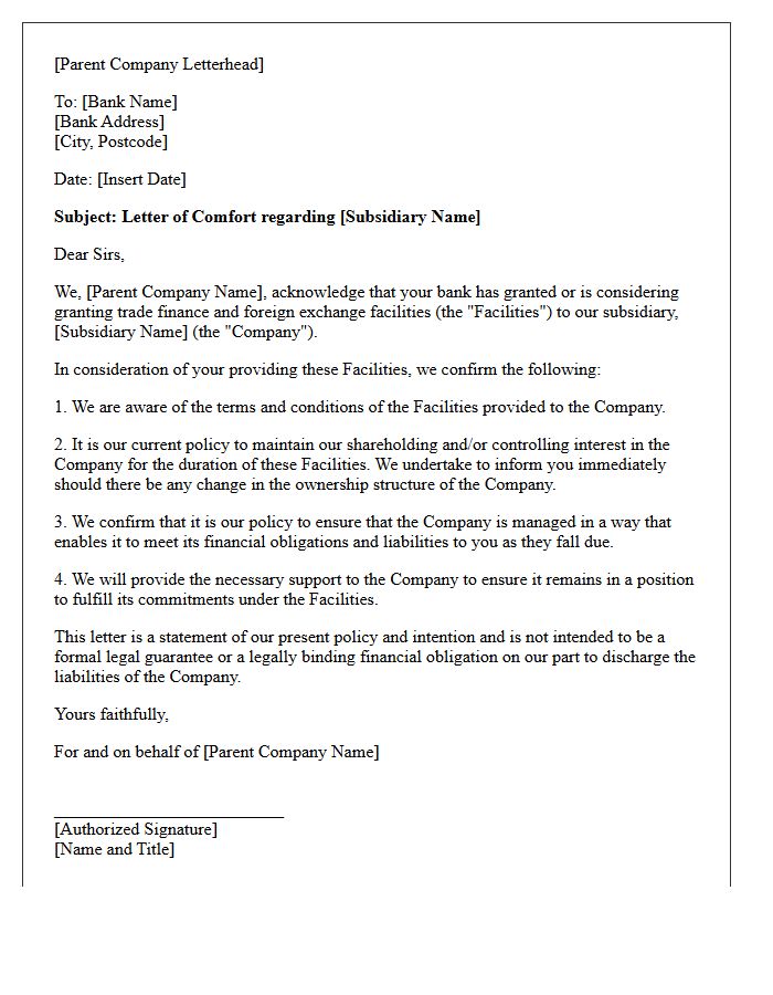 Letter of Comfort for Trade Finance Foreign Exchange Facilities