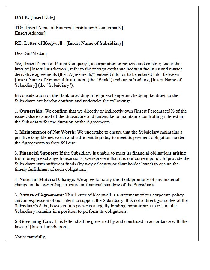 Letter of Keepwell for Corporate Foreign Exchange Hedging