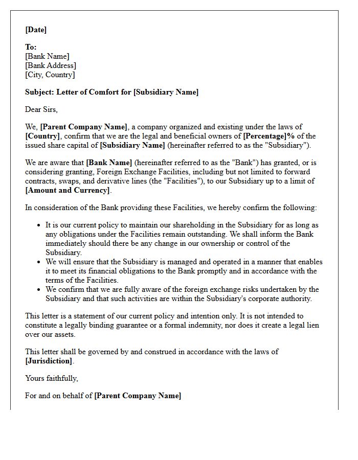 Parent Company Comfort Letter for Foreign Exchange Facilities