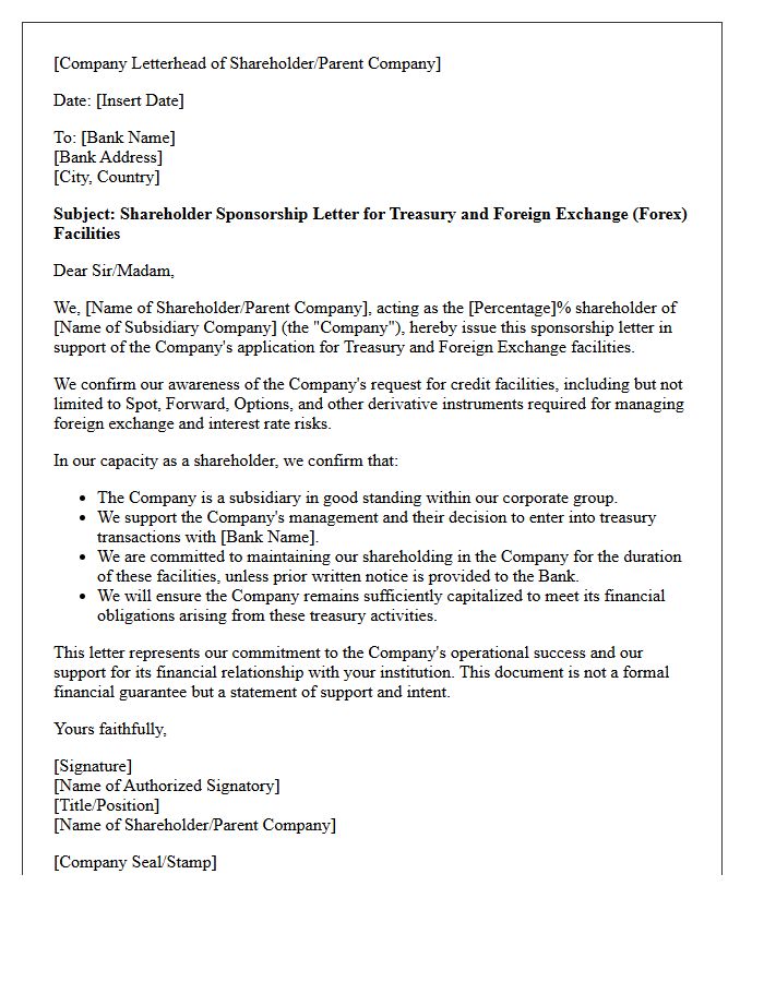 Shareholder Sponsorship Letter for Treasury and Forex Facilities