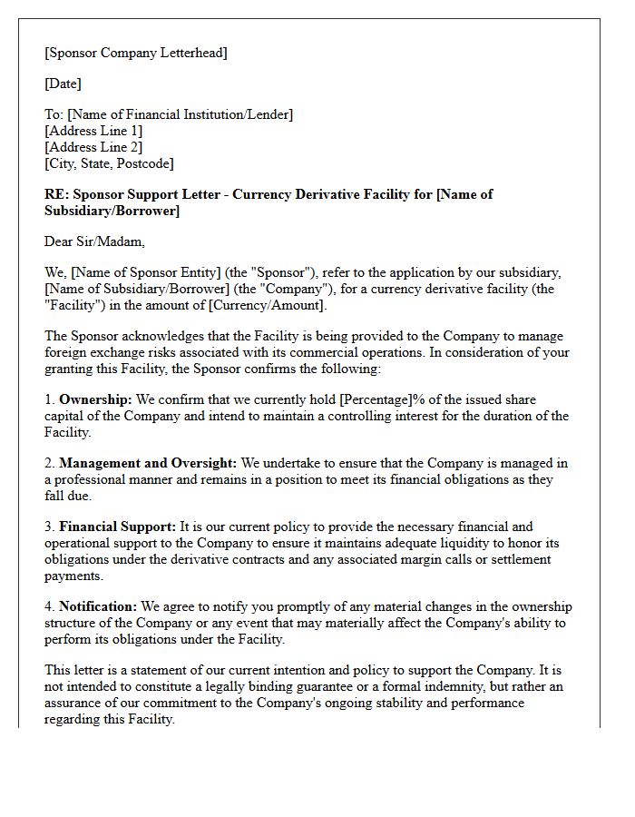 Sponsor Support Letter for Currency Derivative Facilities