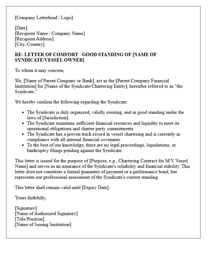 Good Standing Comfort Letter for Vessel Chartering Syndicate