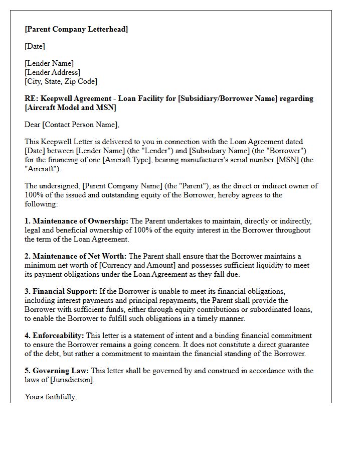 Keepwell Letter for Commercial Aircraft Lease Lending
