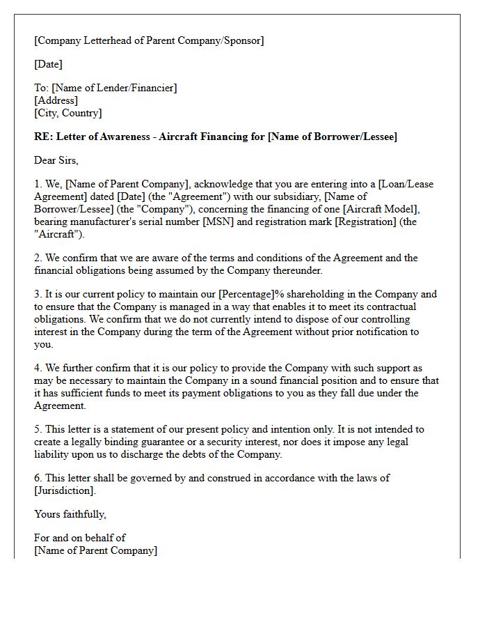 Letter of Awareness for Cross-Border Aircraft Financing