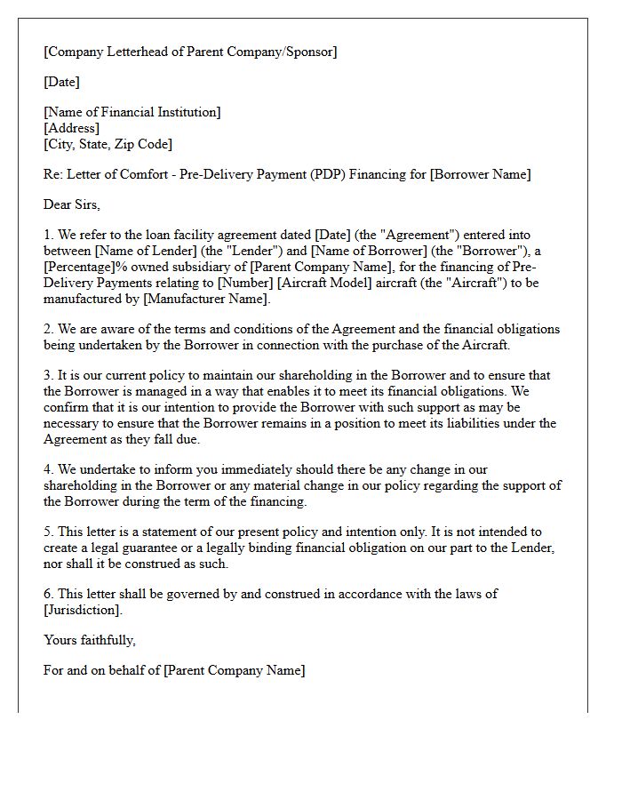 Letter of Comfort for Pre-Delivery Aircraft Payment Financing
