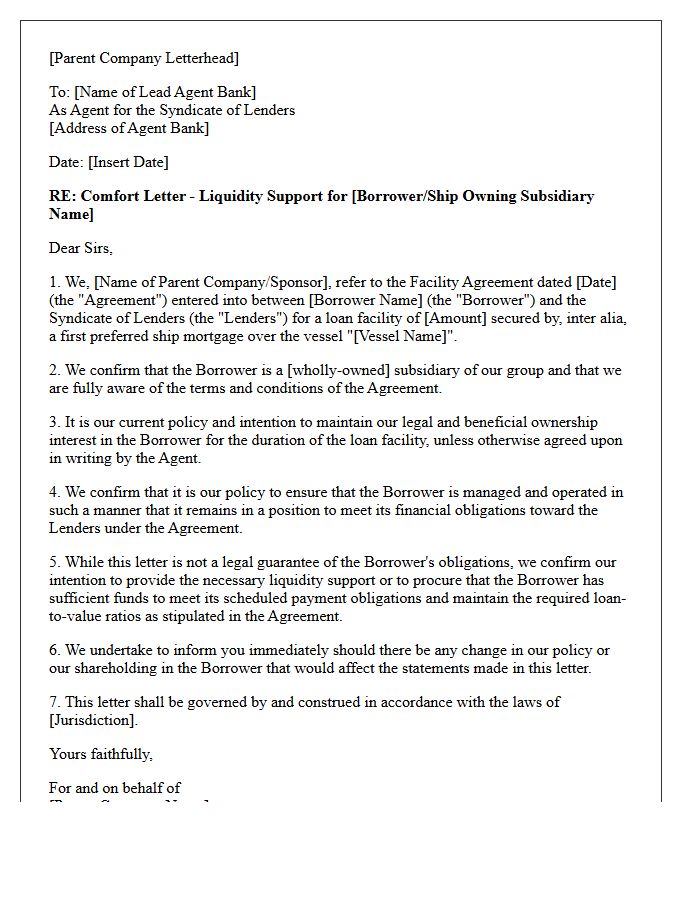 Liquidity Support Comfort Letter for Ship Mortgage Syndicate