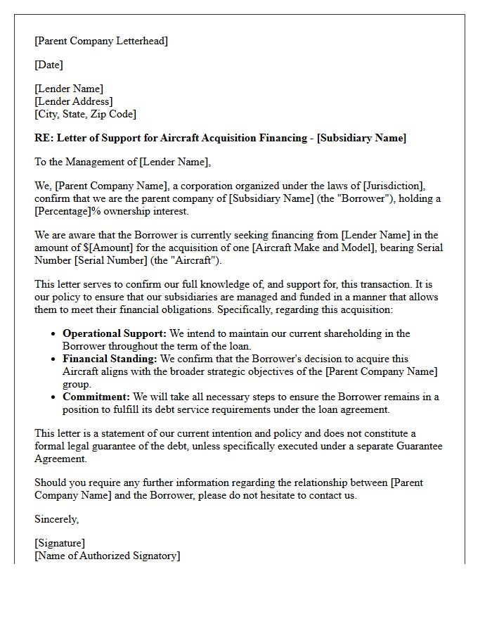 Parent Company Support Letter for Aircraft Acquisition Financing