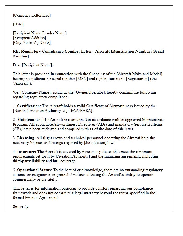 Regulatory Compliance Comfort Letter for Aviation Financing