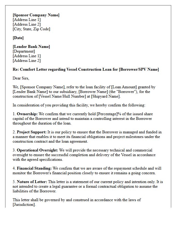 Sponsor Comfort Letter for Vessel Construction Loan