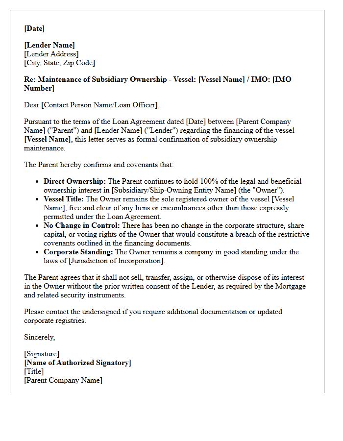 Subsidiary Ownership Maintenance Letter for Marine Vessel Lending