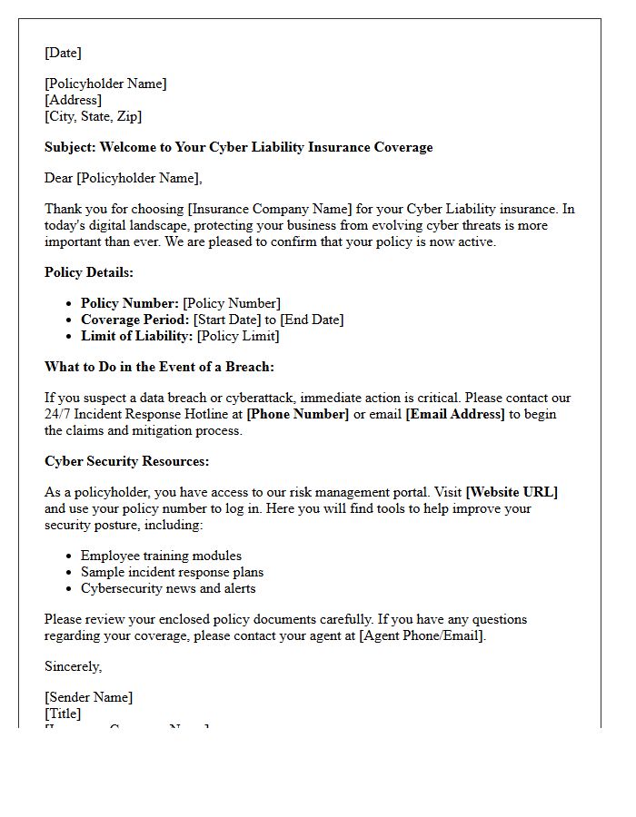 Initial Welcome Letter for Cyber Liability Policyholders