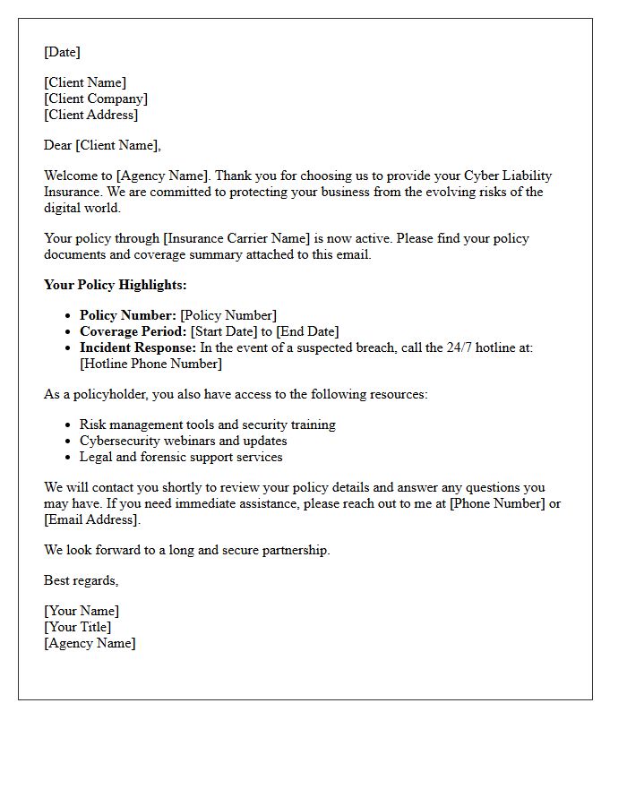 New Client Welcome Letter for Cyber Liability Insurance