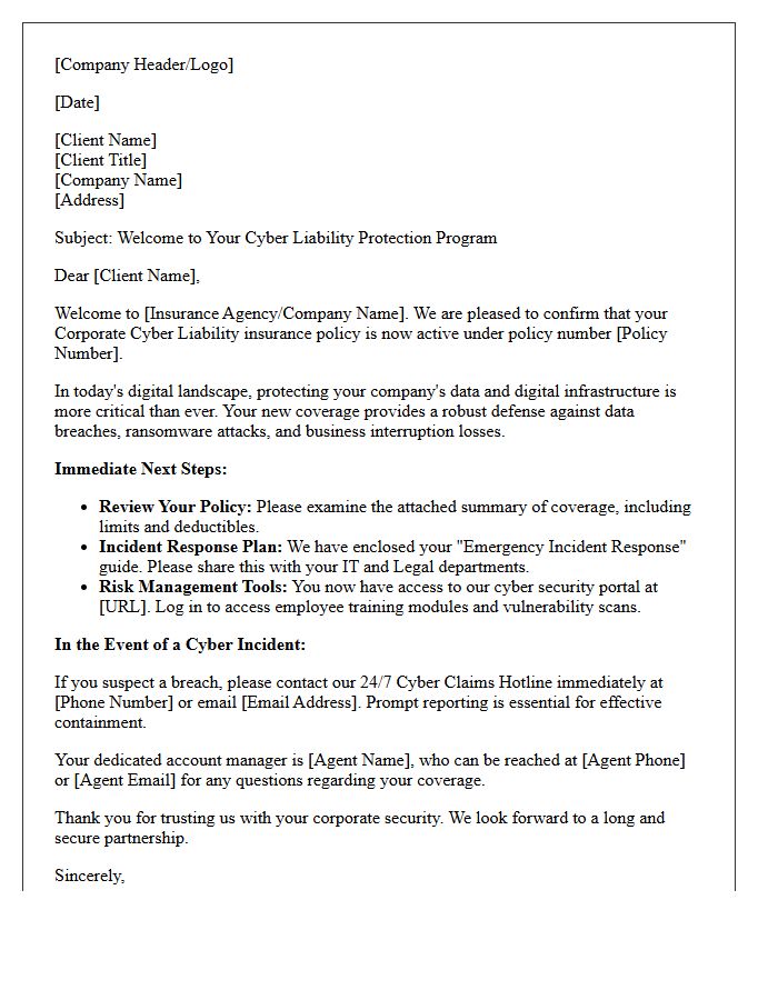 Welcome Letter for Corporate Cyber Liability Clients