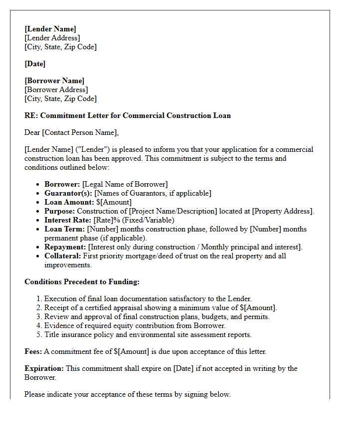 Commercial Construction Financing Commitment Letter