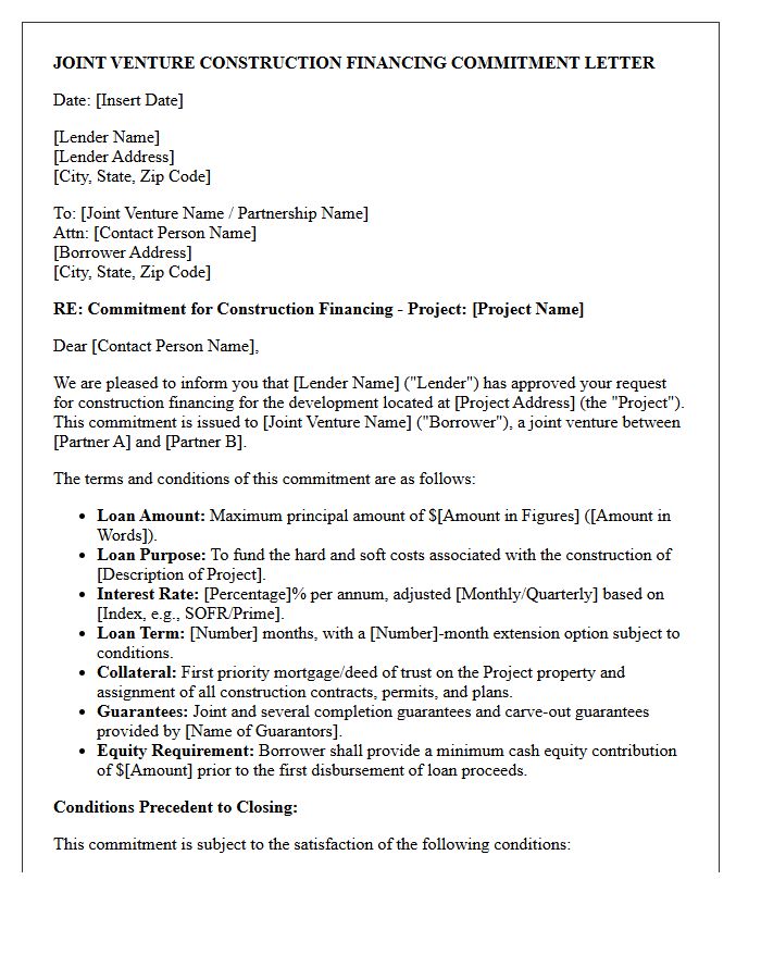 Joint Venture Construction Financing Commitment Letter